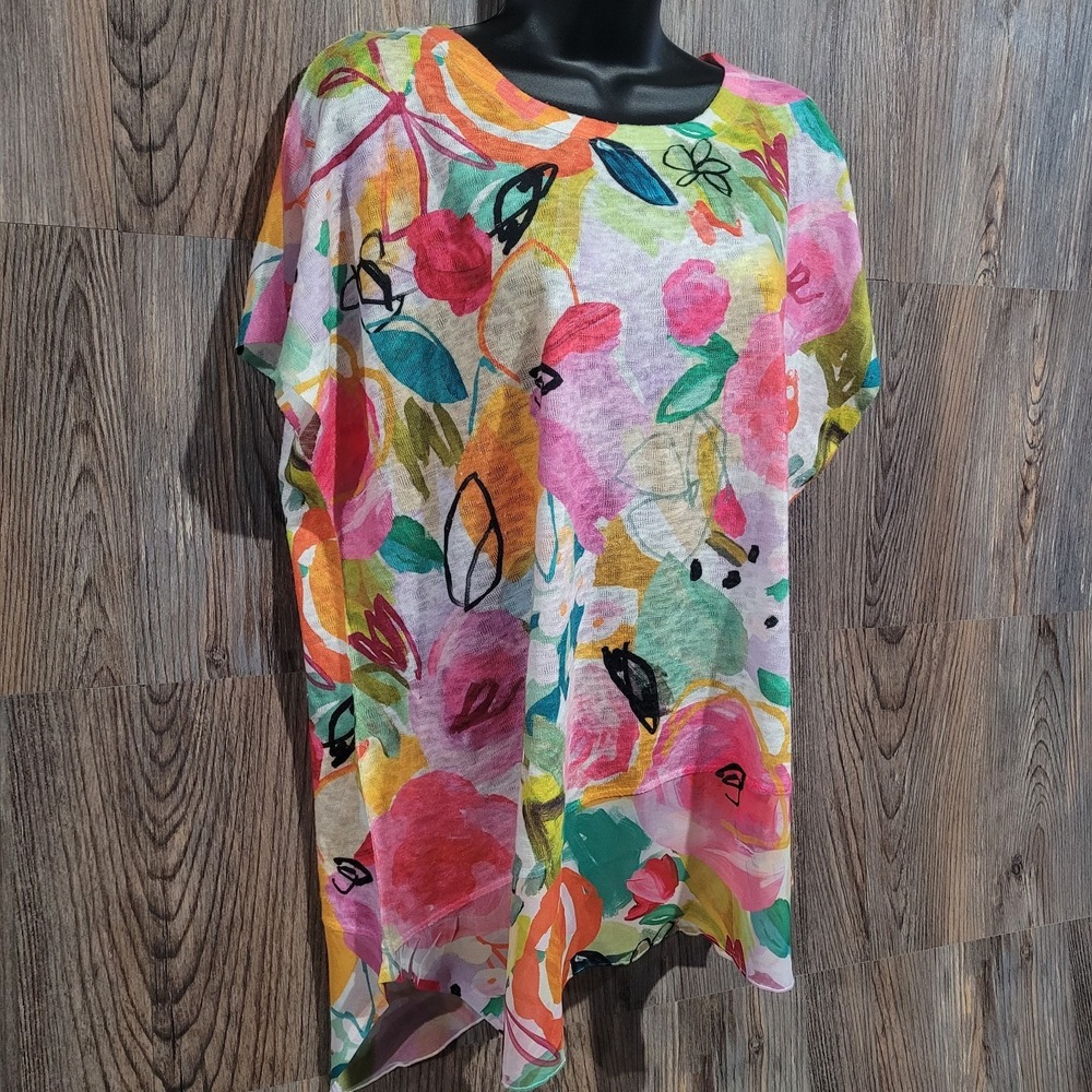 Jess & Jane Sangria Light Knit Top Chiffon Asymmetric Contrast L Vibrant Floral - Picture 2 of 12